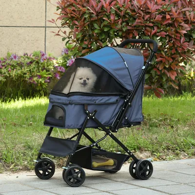 Image de Poussette pour petits chiens, pliable, avec capote et fenêtre en filet, bleue | 76,5 x 52 x 95 cm | jusqu'à 10 kg | acier et tissu Oxford