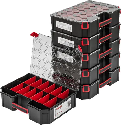 A stack of black plastic storage boxes with red accents and a clear lid on a white background.