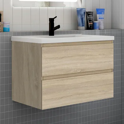 Produktbild von Badezimmermöbel 80cm CINIC-Serie Keramik Waschtisch mit Unterschrank Hängeschrank Badezimmerschränke mit 2 Schubladen Eiche