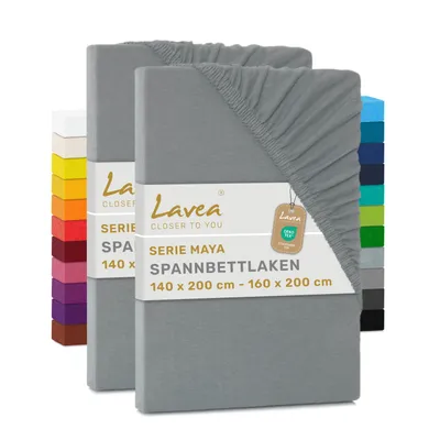 Produktbild von Lavea® 2er Pack Spannbettlaken 140x200cm - 160x200cm, Bettlaken 100% Baumwolle Jersey, mit Rundumgummizug, für Matratzen bis 20 cm Höhe, weich, formstabil, langlebig, Mittelgrau