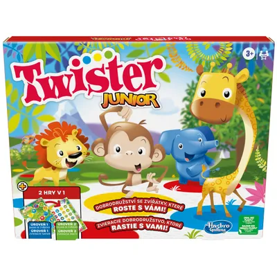 The image shows the packaging of the Twister Junior board game, featuring cartoon animals and colorful dots.