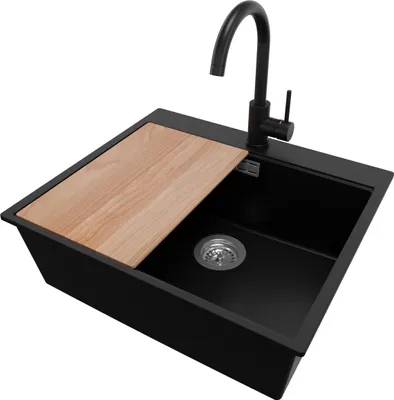 Produktbild von PRIMAGRAN Granitspüle Schwarz 58x50cm, Spülbecken 1 Becken + Küchenarmatur 32x20cm + Ablauf-Set + Schneidebrett, Küchenspüle ab 60er Unterschrank - Oslo