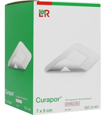 Imagen del producto de Curapor, apósito estéril para heridas, 5 x 7 cm, caja de 50 tiritas