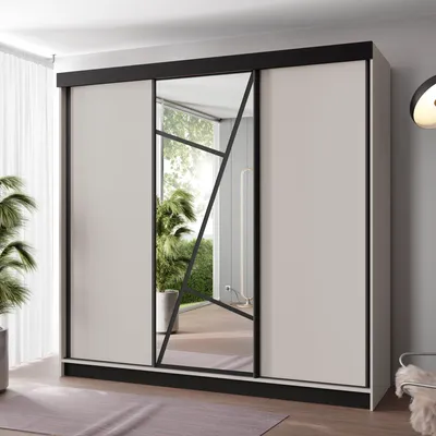 Produktbild von FurMeb24 Schiebetürenschrank LOE 200x205x59 cm Kleiderschrank mit Spiegel, 3-türiger Schiebeschrank (Kaschmir)