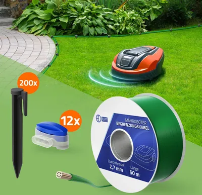 Produktbild von ECD Germany 50m Universal Begrenzungskabel für Mähroboter + 200 Erdnägel + 12 Kabelverbinder Kupfer verzinnt Kompatibel mit Gardena Bosch Husqvarna