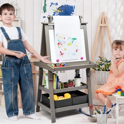 Produktbild von 3 in 1 Kinder Staffelei Kindertafel doppelseitig Whiteboard & Kreidetafel & Zeichenpapier für Kleinkinder Grau