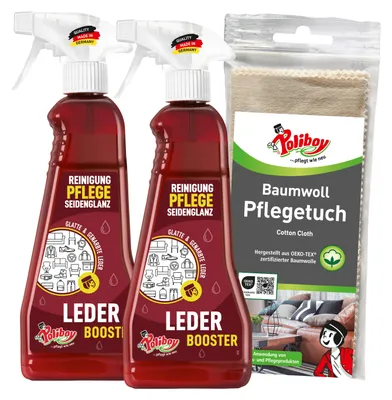Produktbild von Poliboy Leder Booster - 2x375ml - Reinigung und Pflege für Möbel und Kleidung aus Leder - mit Baumwolltuch - 99A2301