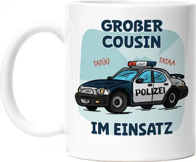 Produktbild von Großer Cousin Im Einsatz Tasse Weiß Polizeiauto Geschwister Liebe Retter Polizist Familie Beschützer Tatü Tata
