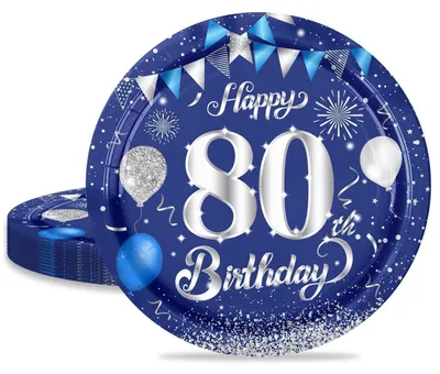 Immagine prodotto di Piatti di carta, 80° compleanno, colore blu e argento, confezione da 16 pezzi, diametro 23 cm