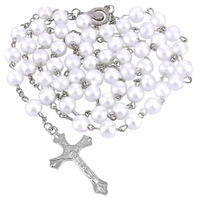 Imagen del producto de Rosario con cuentas de vidrio blanco, colgante de cruz, uni, plateado, para joyería religiosa