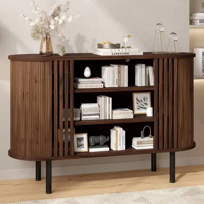 Obrázek produktu pro MODFU Komoda, 120x40x80 cm, skříňka s 3 otevřenými policemi, nábytek do obývacího pokoje s lameloovým designem, úložná skříň s nastavitelnými kovovými nohami, ořechové dřevo