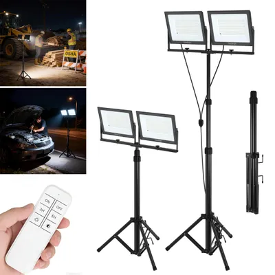 Imagen del producto de VA-Cerulean, foco LED de 2 x 100W, con trípode de altura ajustable, regulable, foco de trabajo IP66 con mando a distancia, cable de 3 metros con conector europeo, ideal para obras