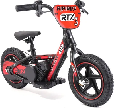 A red and black electric balance bike for children, shown against a white background.