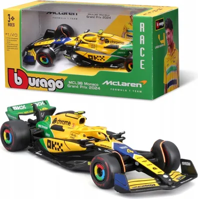Produktbild von Bburago Formel 1 McLaren Team MCL38 Senna Version (Monaco GP) (2024): Modellauto im Maßstab 1:43, Sondermodell, von Fahrer #4 Lando Norris, Window Box