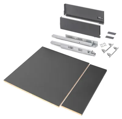 Zdjęcie produktu dla Emuca Zestaw szuflad Vertex do kuchni lub łazienki z regulacją 3D, zawiera płytę, wysokość 178 mm, moduł 600 mm, Szary antracytowy, Obraz wygenerowany przez AI