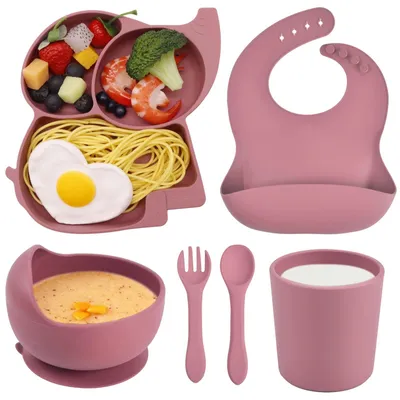 Image de Ensemble de couverts pour bébé en silicone (6 pièces) – comprenant des assiettes et des couverts