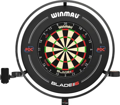 A Winmau dartboard with accessories mounted on a white background.