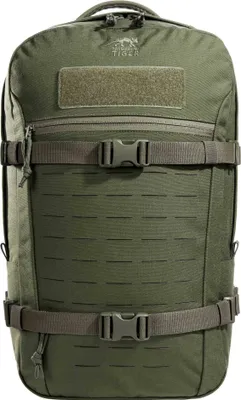 A front view of a green backpack against a white background.