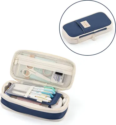 Image de FTVOGUE Trousse à crayons en toile Dual Layer Stationery Fermeture à glissière pour étudiants Design moderne et simple avec rangement multi-couches (bleu foncé)