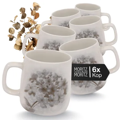 Kaffeetassen-Set 6er, Porzellan, Blütendesign, 380 ml, spülmaschinenfest