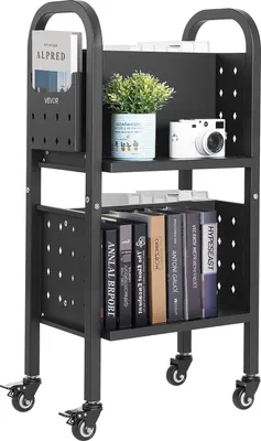 Produktbild von VEVOR Bücherwagen, 70 kg Tragkraft, Bibliothekswagen, 45 x 33 x 88 cm, Doppelseitiges L-förmiges Bücherregal mit Doppelbremsrollen, Bücherregalwagen für Wohnzimmer, Büro, Schule, Schwarz