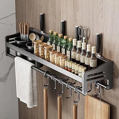 Produktbild von Unyqoos® Wand-Kräuterregal 60×13,4×12 cm – Metall-Kräuter-Organizer mit 10 Haken, 4 Messerfächern, 2 Besteckzylindern, bohrfreie & verschraubbare Montage, Tragkraft 50 kg, für Küche & Bad