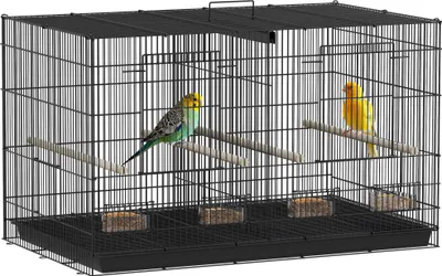 Image de PawHut Cage à oiseaux volière intérieur en acier avec séparateur, 4 perchoirs en bois, plateau coulissant, 4 mangeoires, pour perruches, canaris, pinsons, 76 x 46 x 46 cm, noir