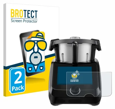 A product shot featuring a kitchen appliance and its packaging, with a screen protector shown in the foreground.