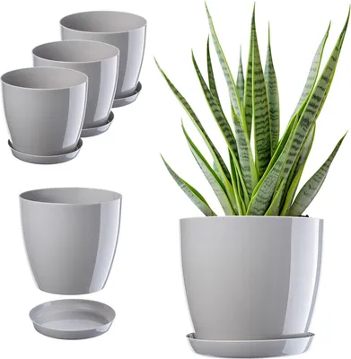 Image de Set de pots de fleurs avec soucoupe - Pots de plantes - Lot de 3 - Gris - Plastique - 20 cm