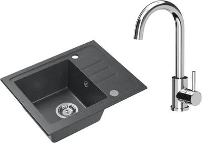 Immagine prodotto di VBChome Lavello in granito nero con rubinetteria 55 x 44 cm Lavello da incasso a vasca singola Macchiettato Reversibile Lavello in granito Sifone Rubinetteria per lavabo