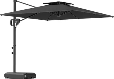 Image de Outsunny Parasol déporté carré 2,5 x 2,5 m, parasol de jardin extérieur avec manivelle, 2 bases incluses, toile polyester 200 g/m², double toit, 8 baleines, gris foncé