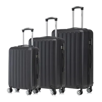 Produktbild von Suitcase Set, Rollkoffer Handgepäck, Kofferset, mit 4 Rollen 360°, Hartschalenreise Zahlenschloss, Weicher Gummigriff (3er Set, M,L&XL, Schwarz)