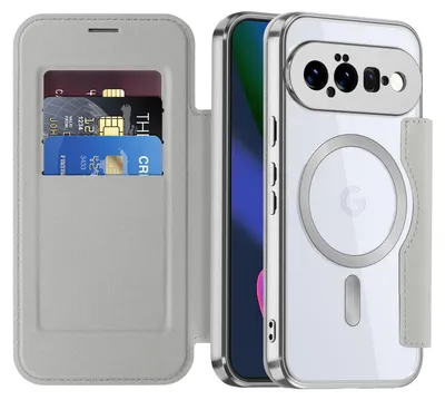 Obrázek produktu pro Pouzdro pro Google Pixel 11 kompatibilní s MagSafe, průhledné pouzdro s držákem karet, kožené pouzdro s ochranou kamery Stříbro