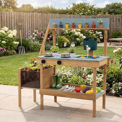 Imagen del producto de Cocina de juguete para niños, para exteriores, con depósito de agua y grifo