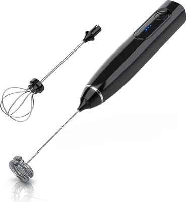 Produktbild von Arendo Milchaufschäumer Stab elektrisch mit Laden, warmer und kalter Milchschaum, für Latte Macchiato, Cappuccino und Kakao, Edelstahlständer, Doppelquirl und Ballonquirl, schwarz