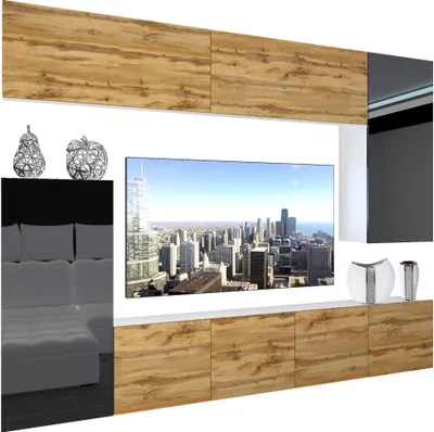Immagine prodotto di BELINI Set di pareti attrezzate per il soggiorno Parete attrezzata moderna con illuminazione a LED Bianco lucido Parete attrezzata mobile TV Rovere Wotan / nero lucido/opaco