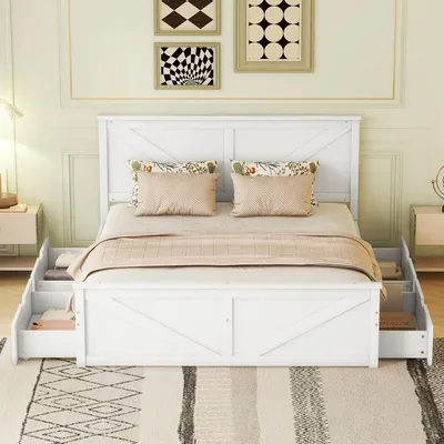 Image de Lit pliant en bois blanc avec quatre tiroirs, design peu encombrant pour la chambre à coucher, parfait pour un intérieur moderne, 160x200 cm
