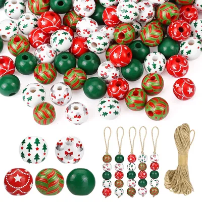 120 Holzperlen Weihnachten mit Juteschnur, 16 mm, Bastelset