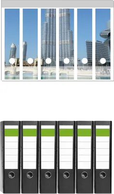Produktbild von Wallario 6 Stück breite Ordner inkl. Klebeetiketten mit Motive Wolkenkratzer in Dubai -  Set mit Rückenschildern / Ordnerrücken Stickern