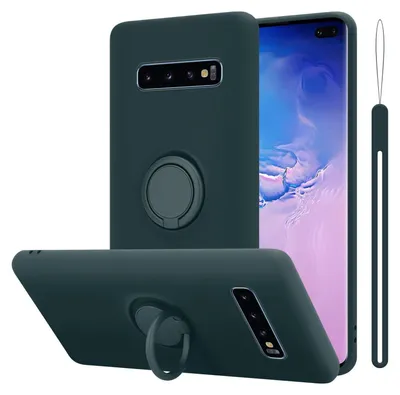 A dark green phone case with a ring holder is shown from multiple angles against a white background.