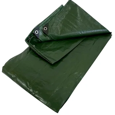 A green tarp folded and laid out on a white background.