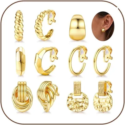 Zdjęcie produktu dla Clip on kolczyki 18K pozłacane, chunky hoop, lekkie, regulowane, statement design