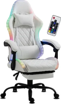 Produktbild von Delman Gaming Stuhl Bürostuhl Ergonomisch RGB LED Beleuchtung Kunstleder Sessel mit Fußstütze Metallfußkreuz 02-0055WT