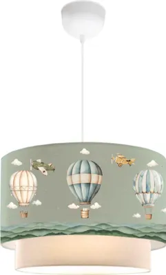 Produktbild von Kinder-Hängeleuchte 'Lurgan' höhenverstellbar mit Heißluftballon-Motiv Stoffschirm Grün