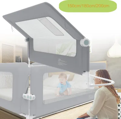 Image de XINZI Barrière de lit 200cm Barrière antichute pour enfants, Réglable en hauteur 72 à 96cm, Pliable Barrière de lit enfant Protection latérale, Gris