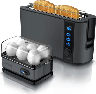 Produktbild von Arendo Frühstücks Set in Grau Edelstahl - Langschlitz Toaster und Eierkocher
