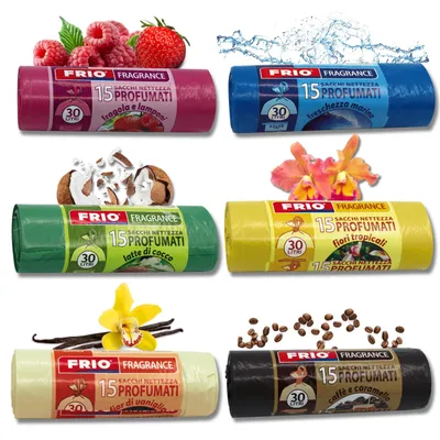 Immagine prodotto di FRIO Multifrutti – 90 sacchi per l'immondizia da 30 litri, profumati, confezione da 6, con 15 sacchi per confezione
