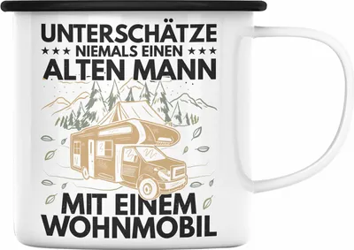 Produktbild von Trendation - Unterschätze Niemals Einen Alten Mannin Einem Wohnmobil Emaille Tasse Geschenk Camper Wohnmobilfahrer Geschenkidee Lustig (Schwarz)