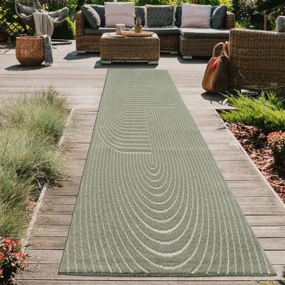 Image de Tapis moderne d'intérieur et d'extérieur | motif en arc de cercle en vert Taille - 80 x 250 cm