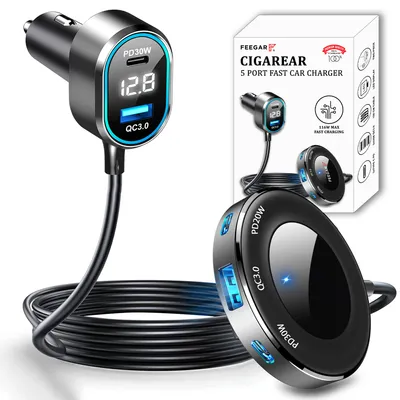 Produktbild von Feegar CigaRear 116W, 5X USB QC 3.0 PD 30W Auto Ladegerät, 12V/24V Zigarettenanzünder Adapter USB KFZ Verteiler LED Spannunganzeige für Smartphone Tab
